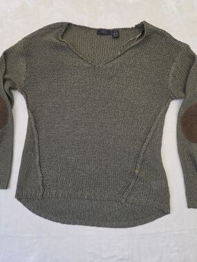 RD Style Olive Green Knit Sweater Womens Small Elbow Patch V Neck Casual